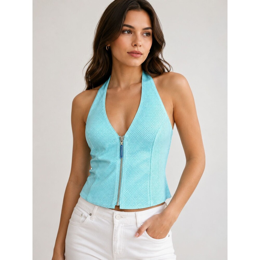 Wilsons Leather Maxima Women's L Aqua Blue Halter Zip Up Y2K Bustier Corset Top